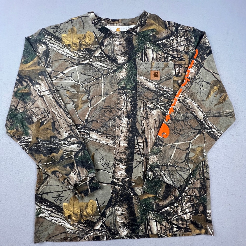 Carhartt Pocket T-Shirt Mens Medium Camo Orange Logo Realtree Xtra Long Sleeve